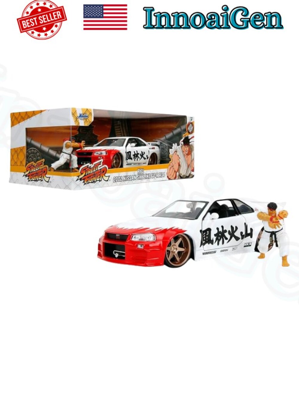 Jada Street Fighter Ryu 2002 Nissan Skyline GT-R R34 Die-Cast Figure Set NWB